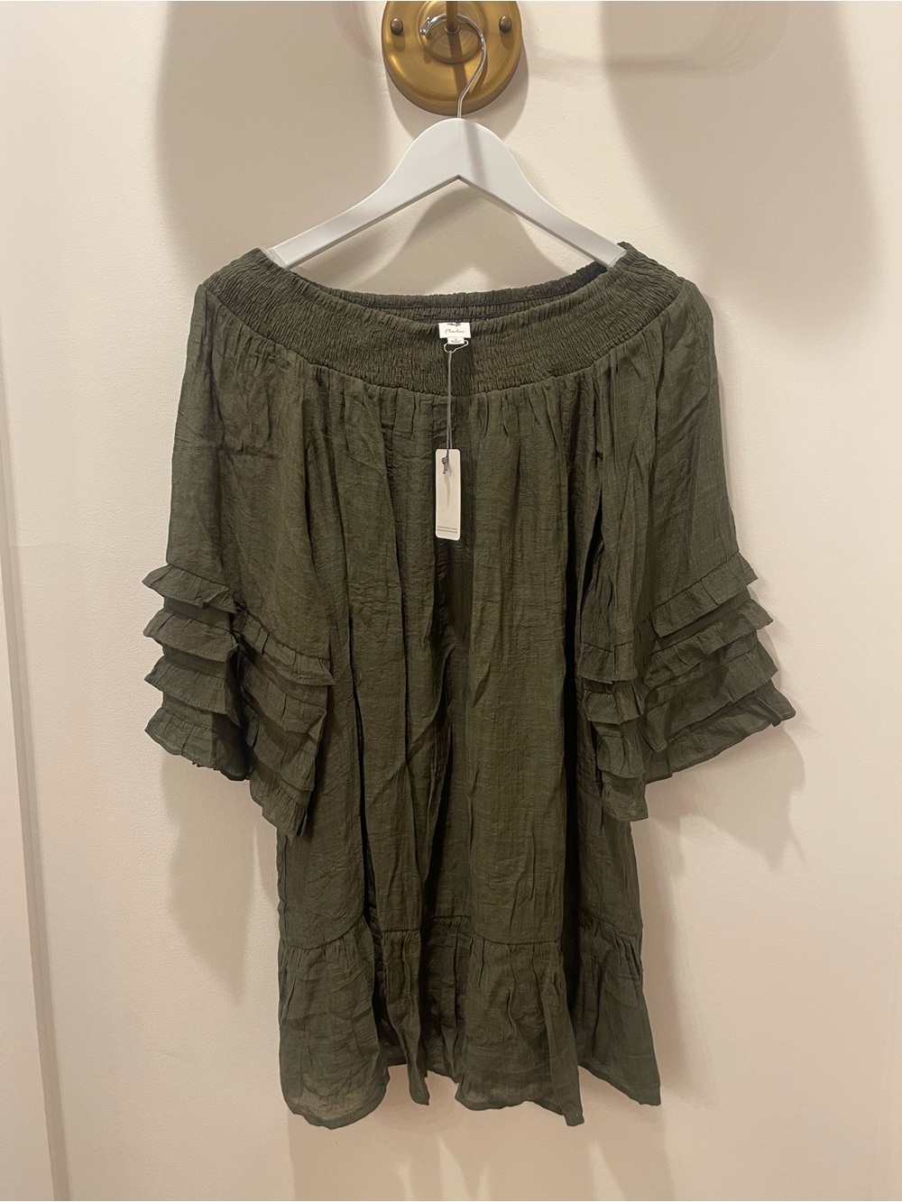 Red Dress Boutique Olive Green Off-Shoulder Ruffle Sleeve Dress.